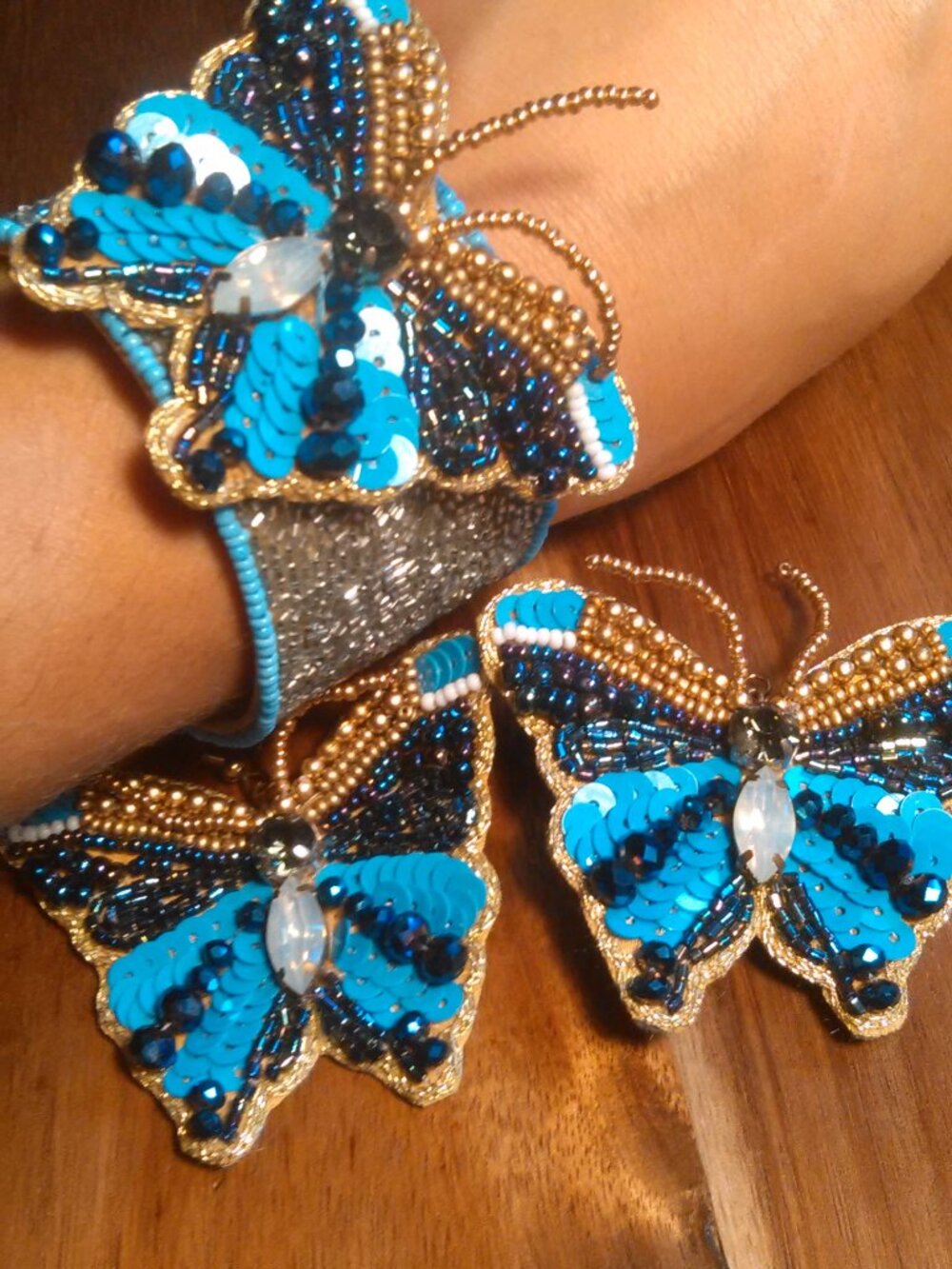 Handcrafted Butterfly Design Blue Seed Bead Cuff Bracelet and Dangle Earrings